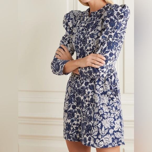 Ulla Johnson Dress Mini Western Wren Denim Puff Long Sleeve Blue Floral US 8 - Picture 4 of 15